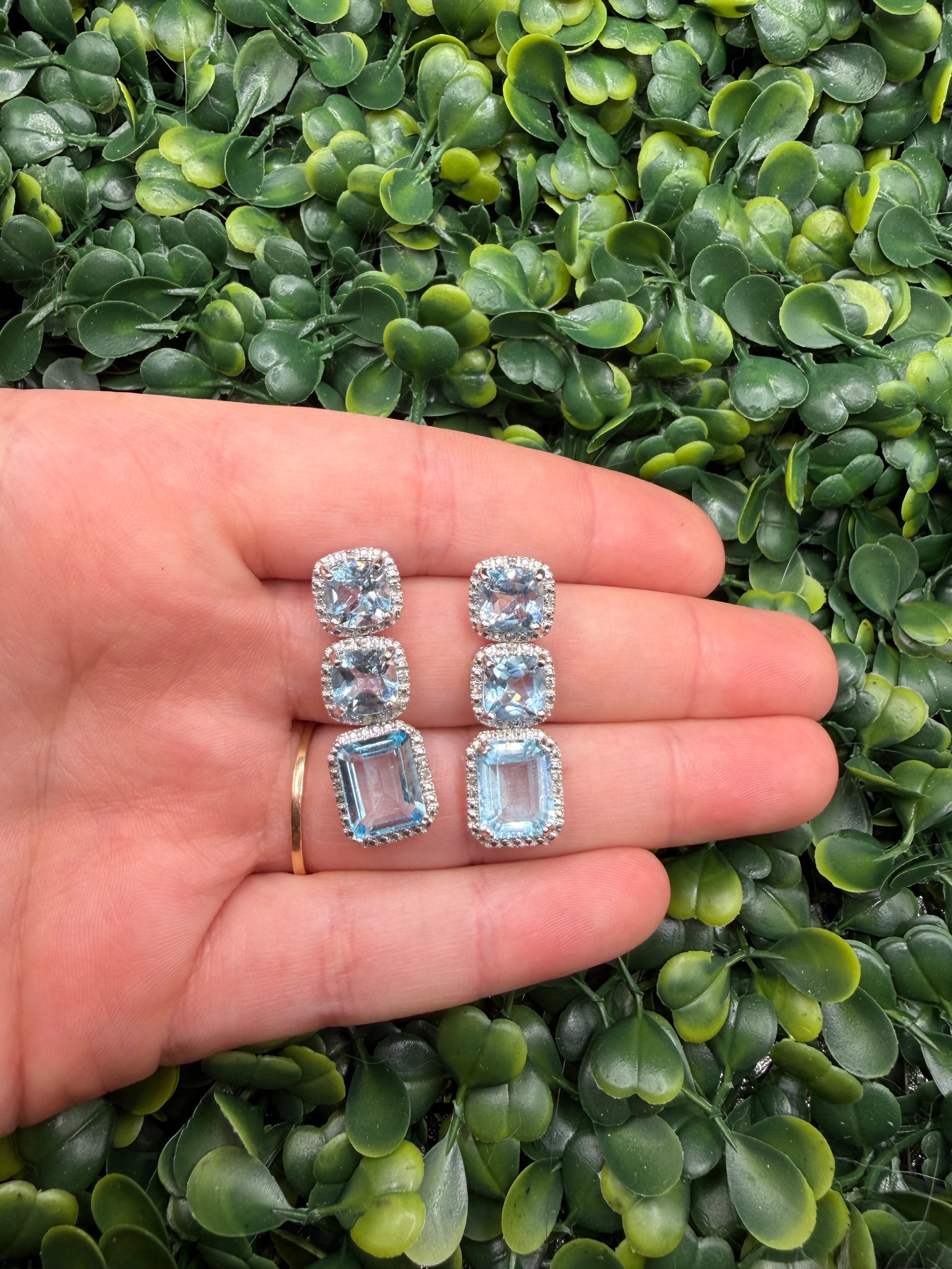 New Stock- Sterling Silver Earrings w/ Blue Topaz and Diamond Chips