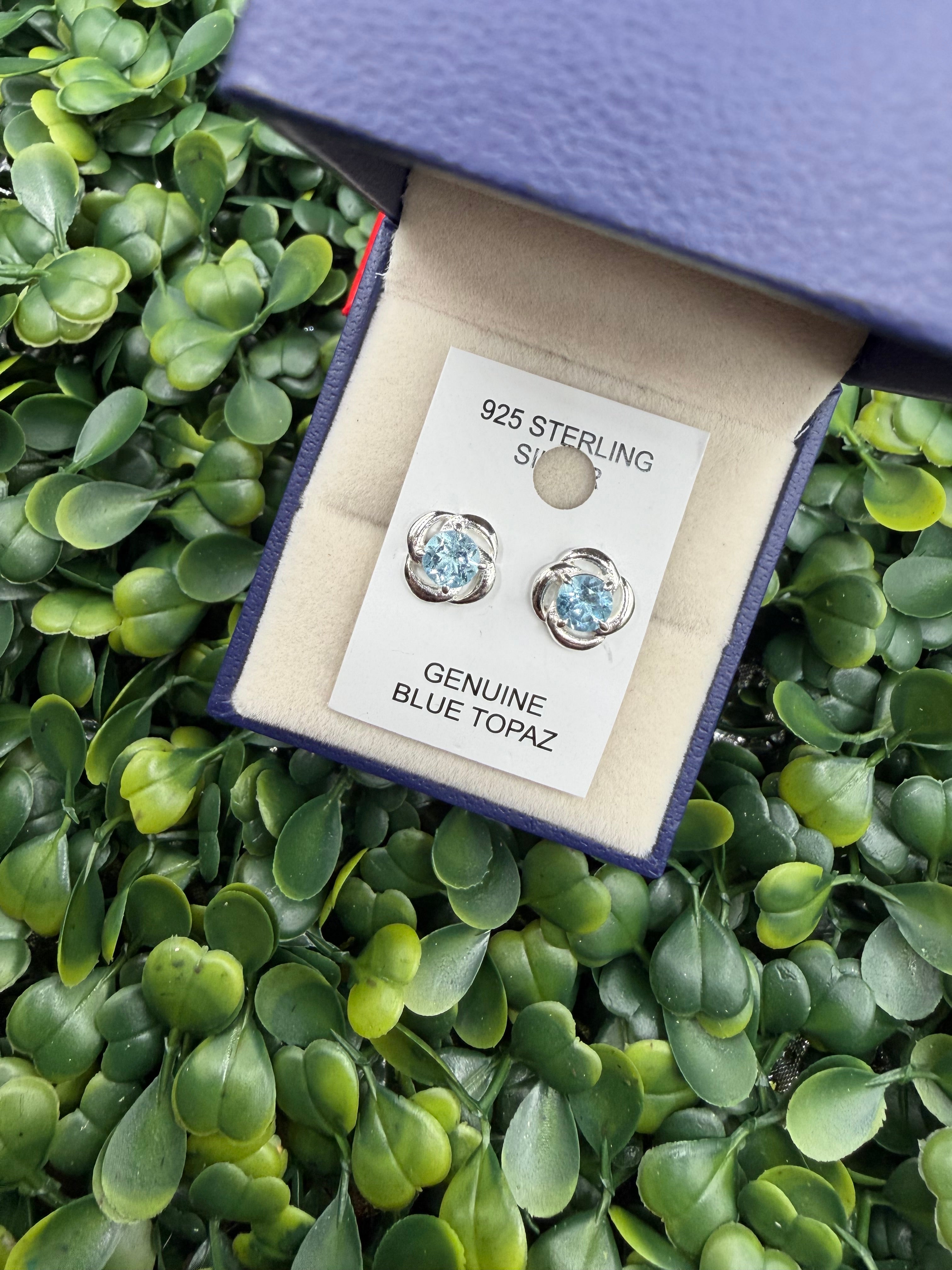 925 Sterling Silver and Blue Topaz Stud Floral Earrings