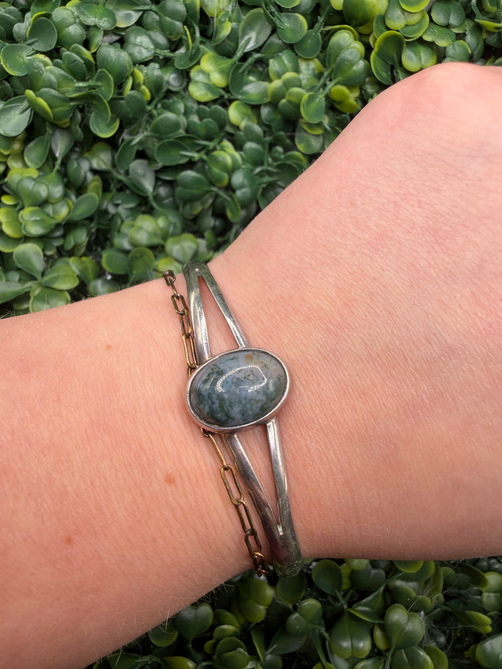 Vintage Sterling Silver Moss Agate Bracelet
