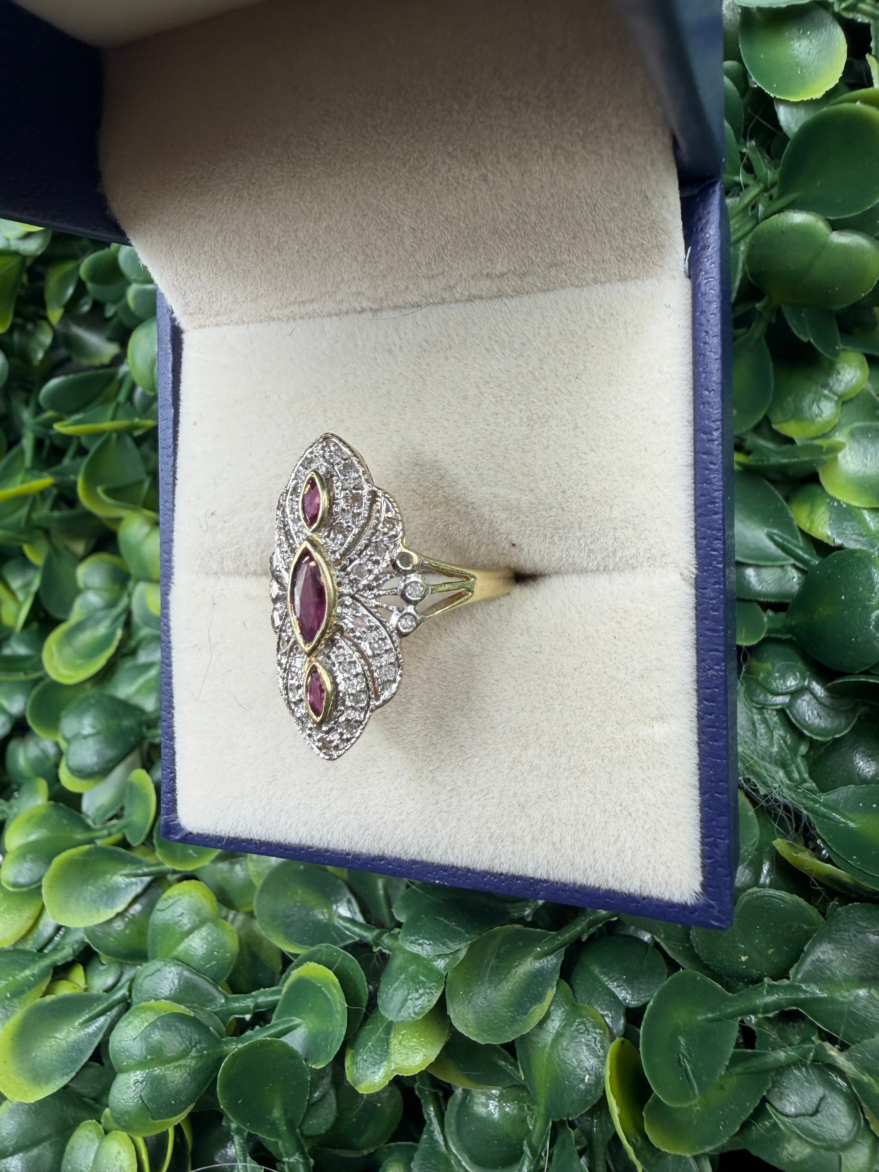 Vintage 14k Yellow and White Gold Diamond and Ruby Ring size 5.5