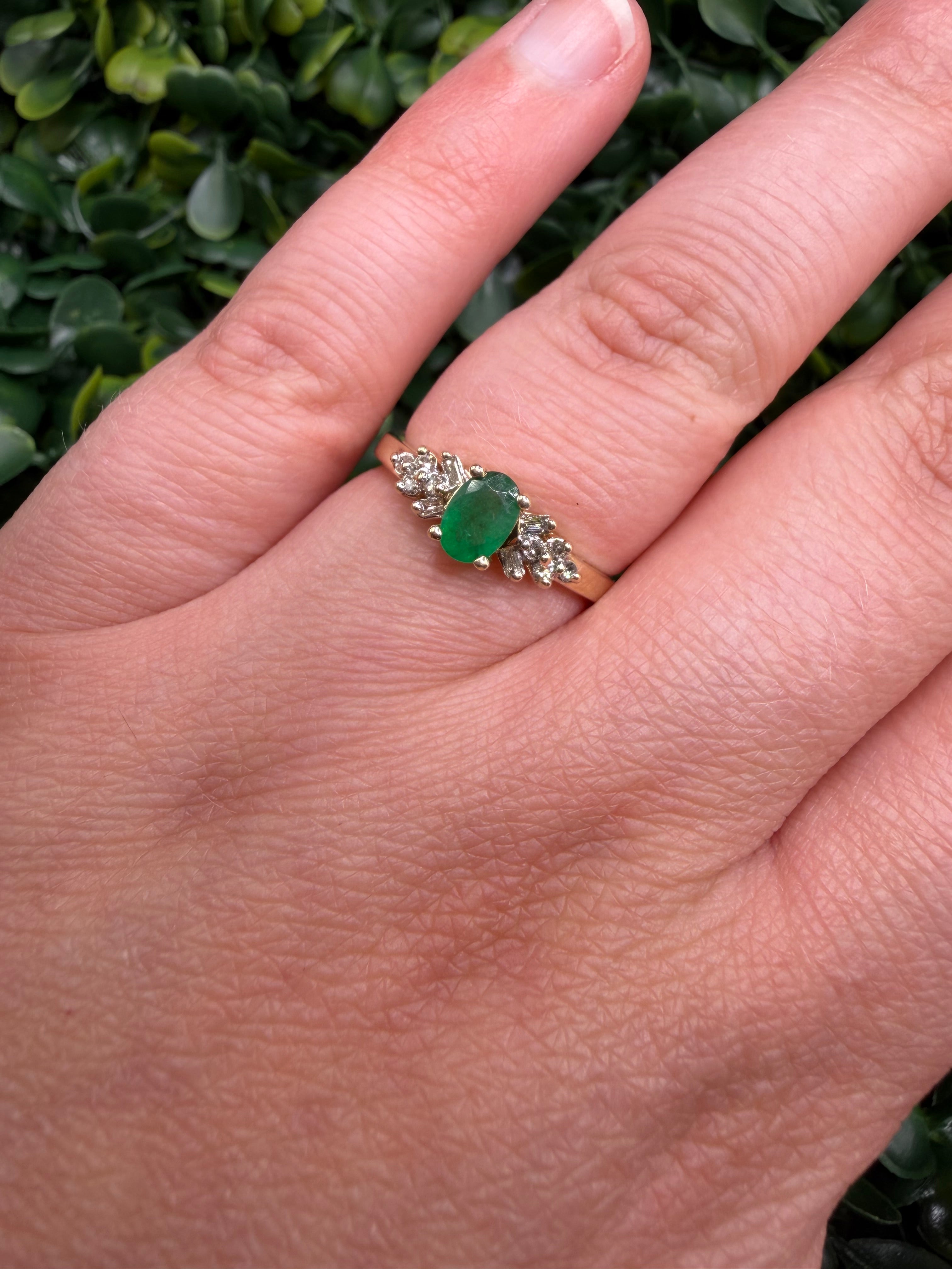 10k Yellow Gold Emerald and Diamond Ring size 7