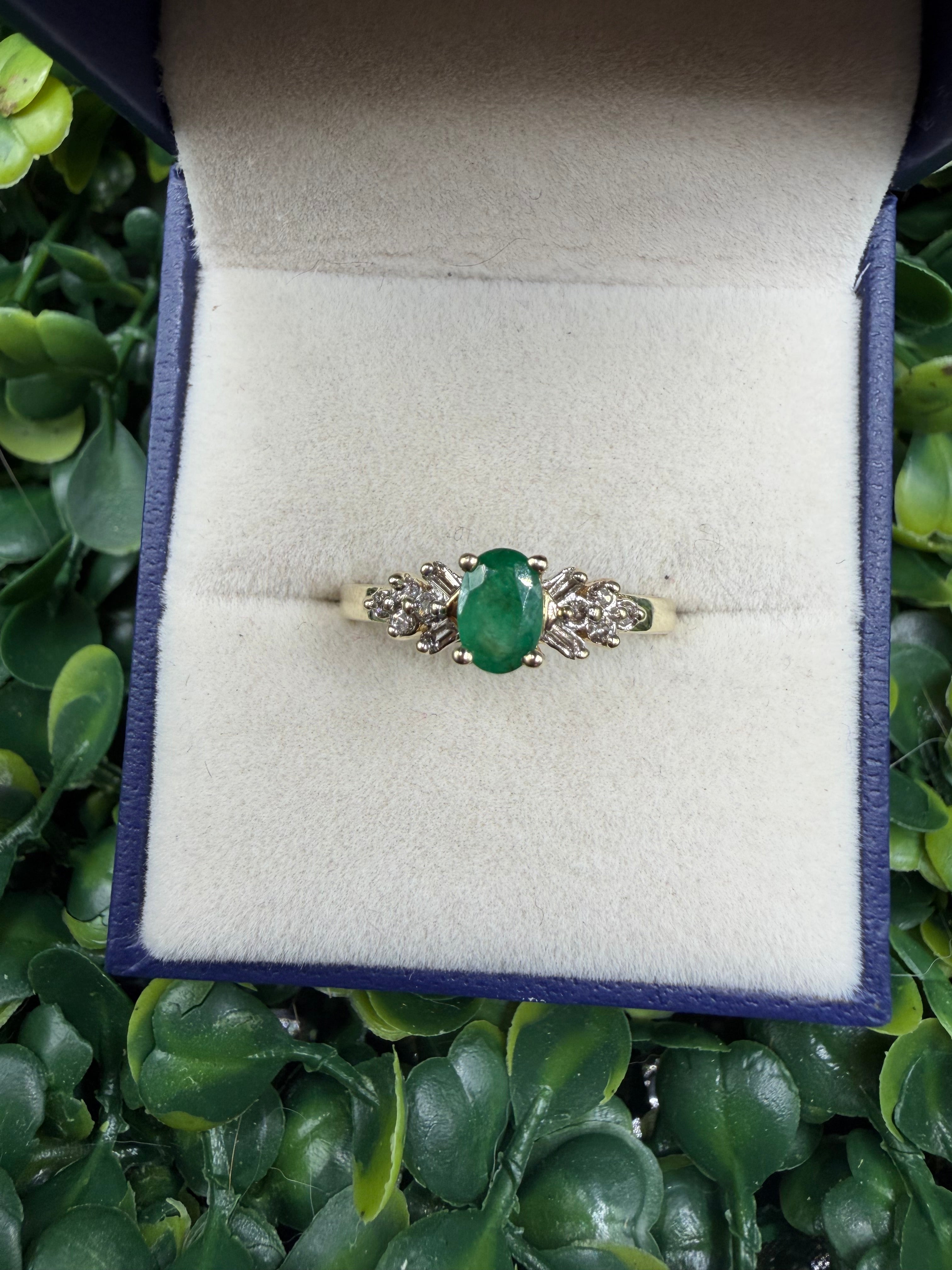 10k Yellow Gold Emerald and Diamond Ring size 7