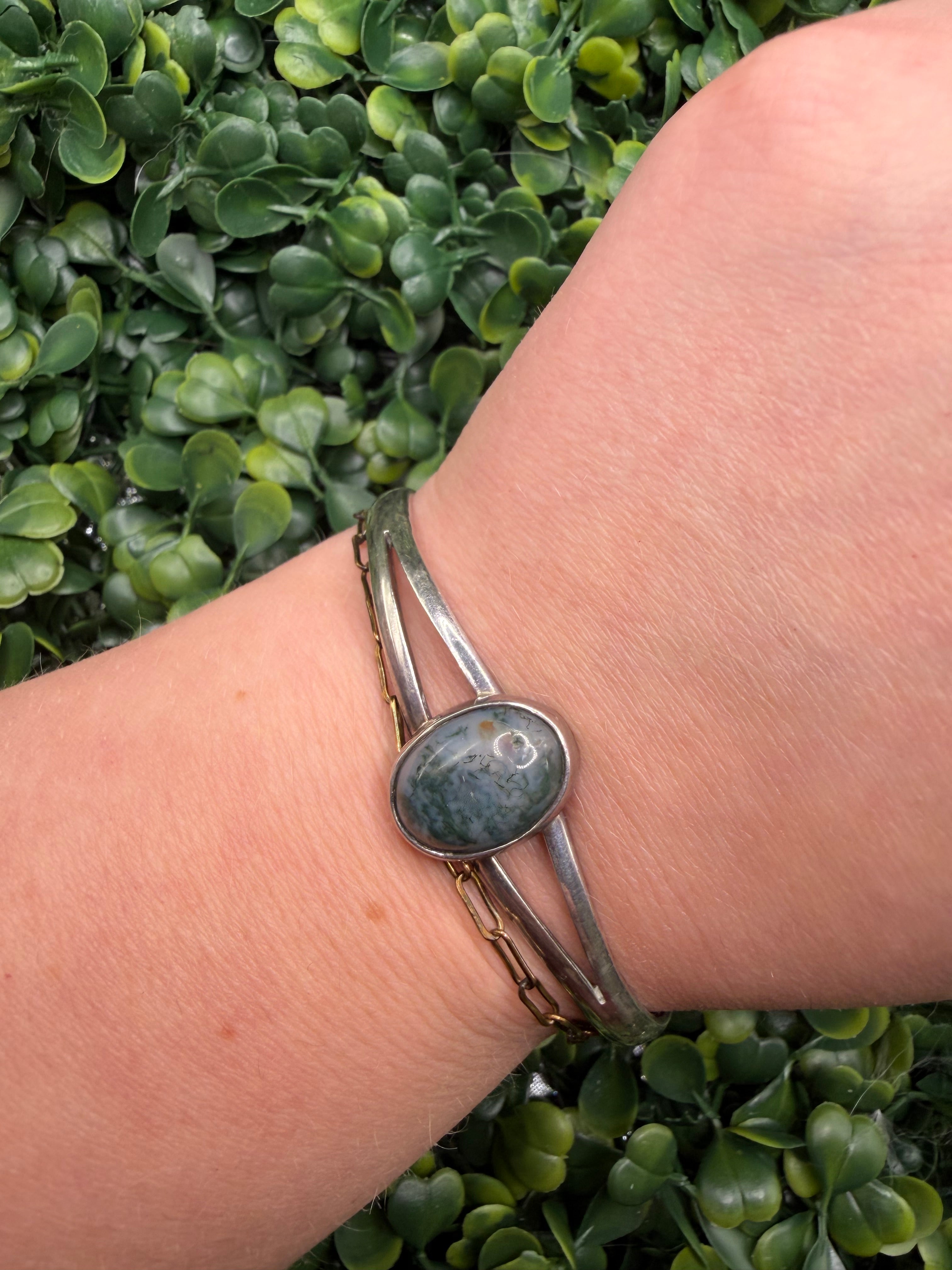 Vintage Sterling Silver Moss Agate Bracelet