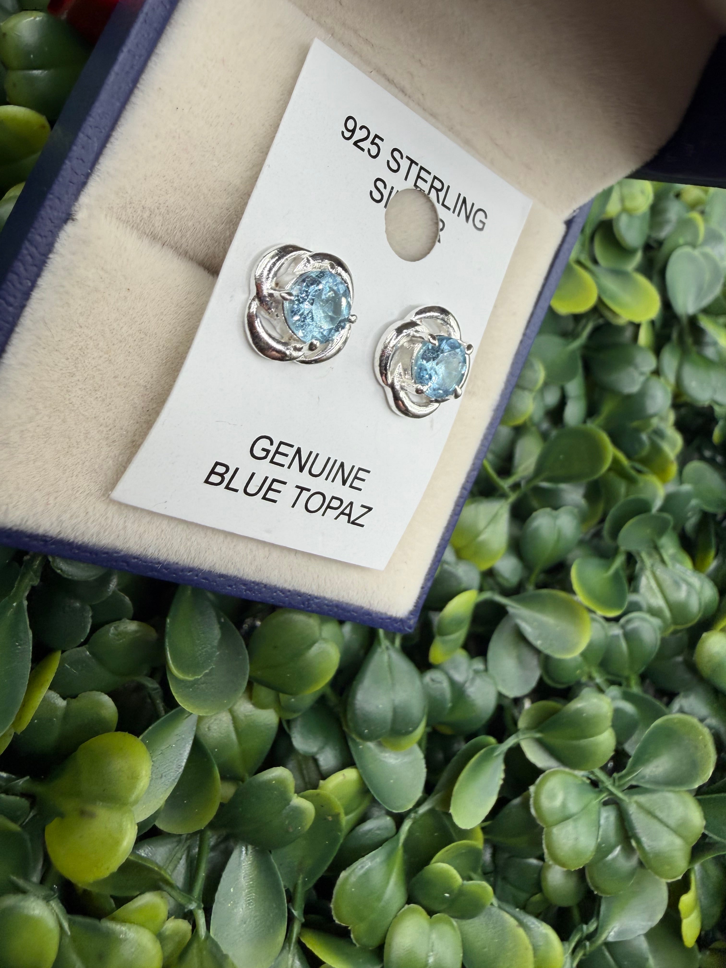 925 Sterling Silver and Blue Topaz Stud Floral Earrings