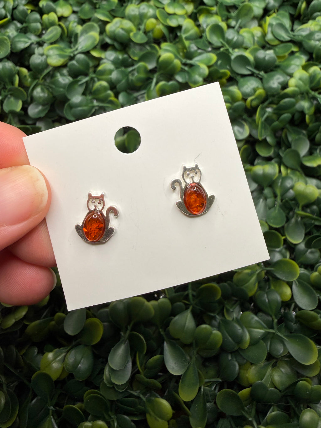 Sterling Silver and Natural Amber Cat Stud Earrings