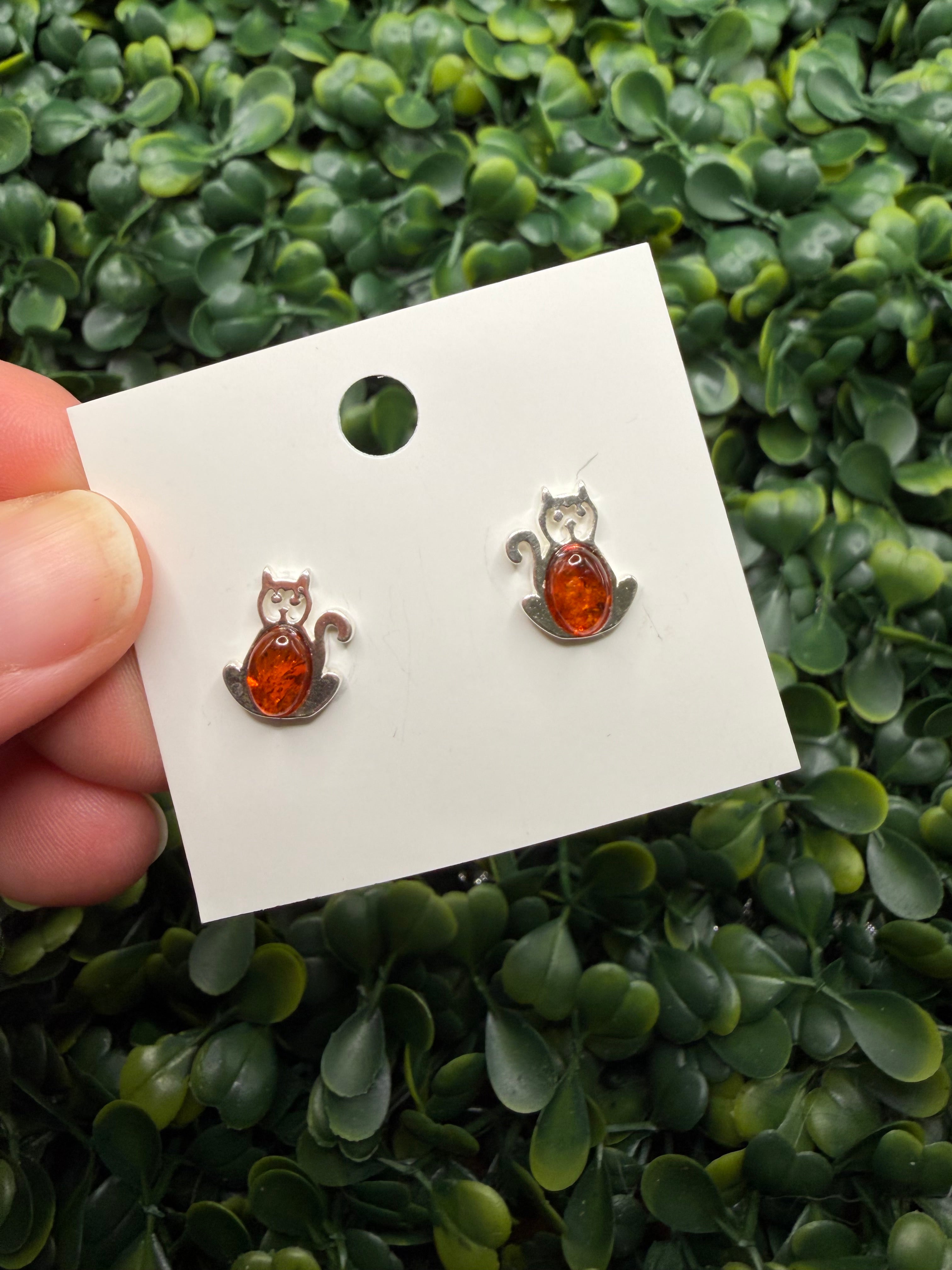 Sterling Silver and Natural Amber Cat Stud Earrings