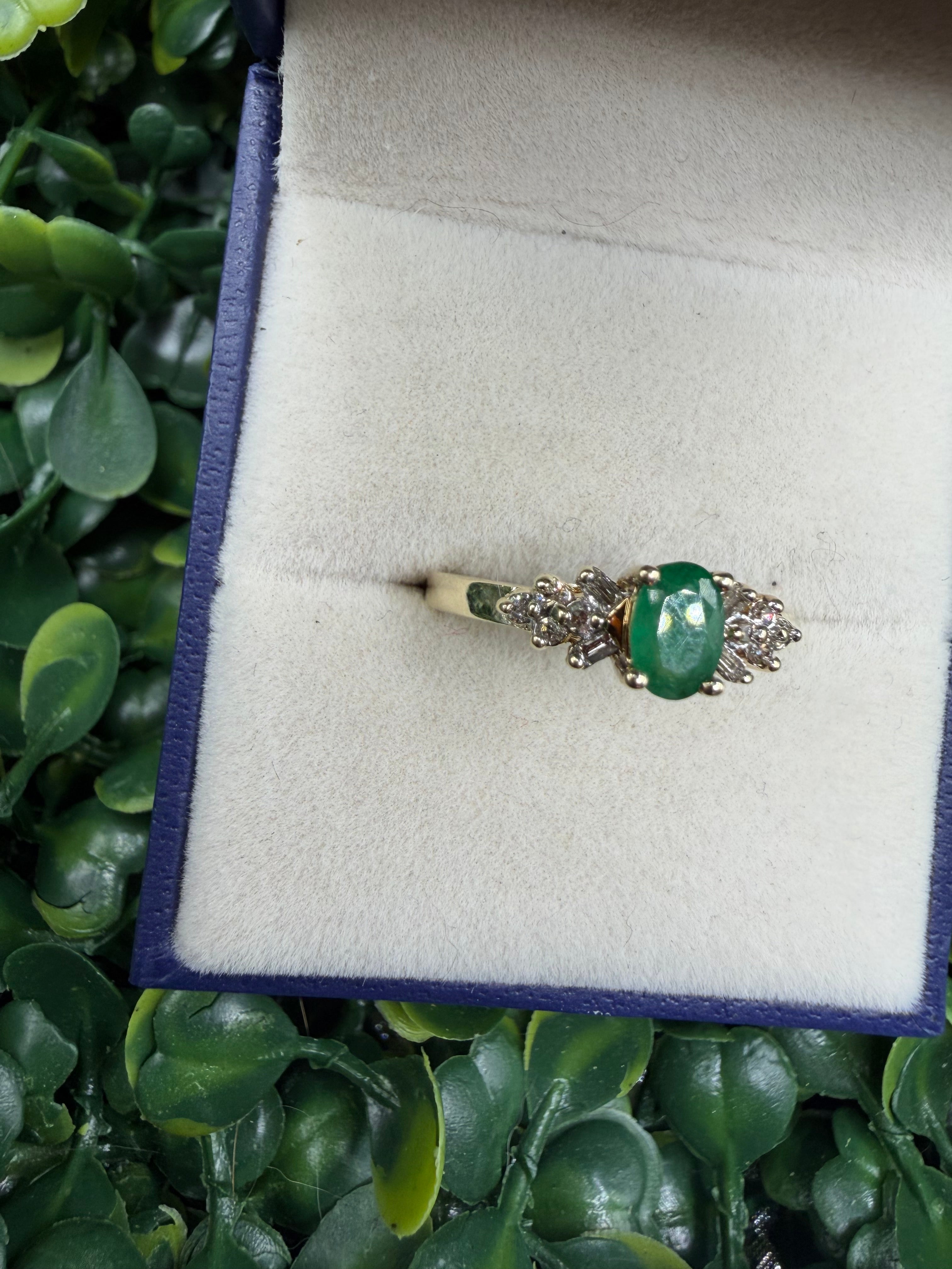 10k Yellow Gold Emerald and Diamond Ring size 7