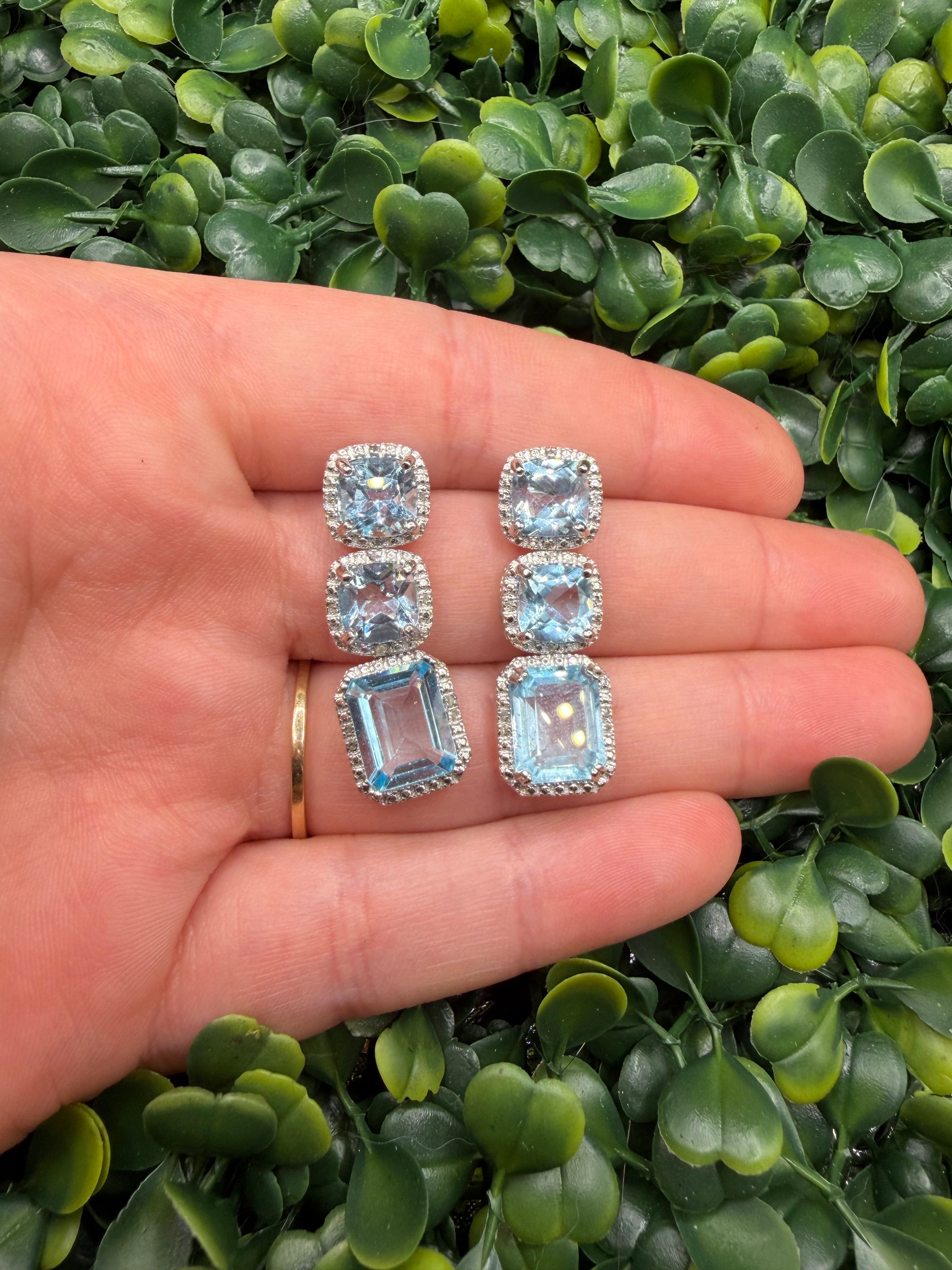 New Stock- Sterling Silver Earrings w/ Blue Topaz and Diamond Chips