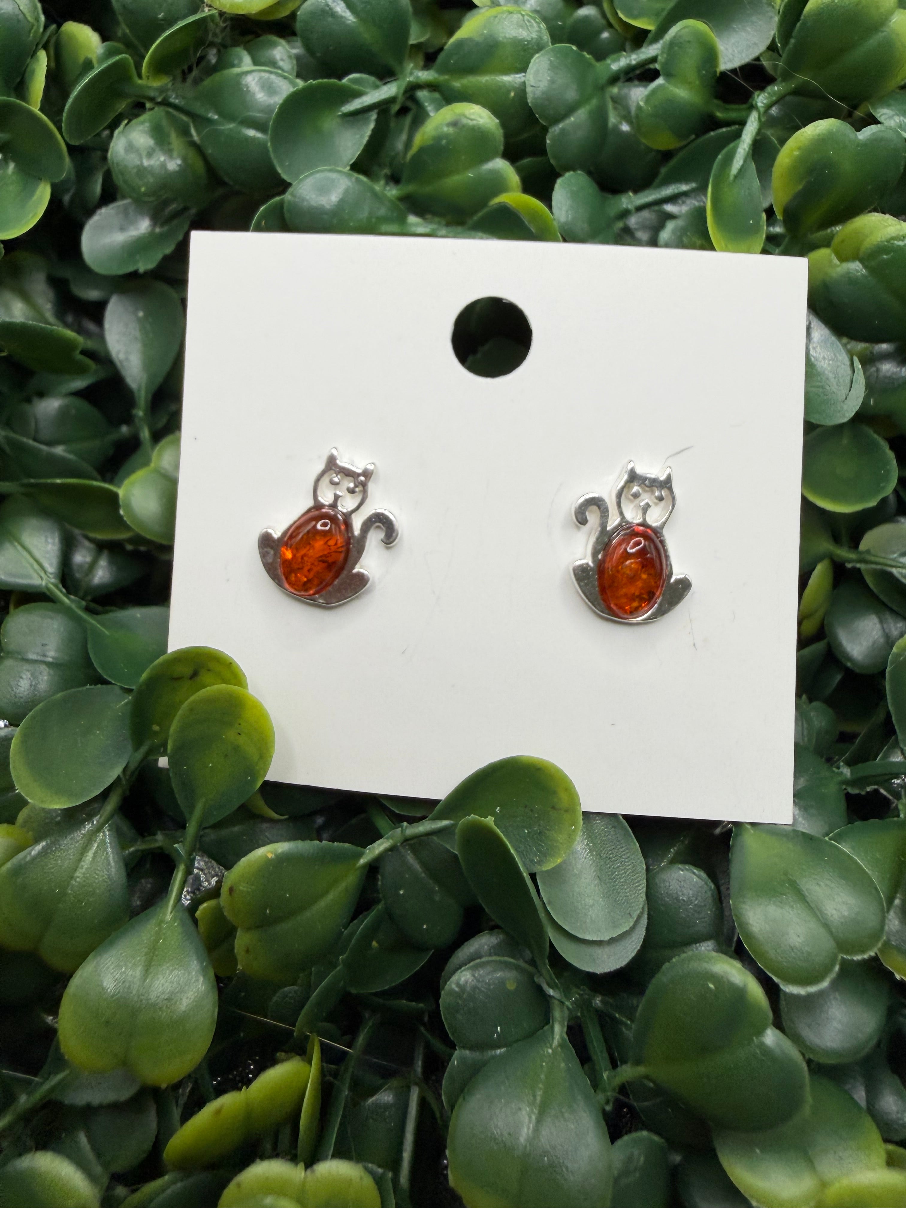 Sterling Silver and Natural Amber Cat Stud Earrings