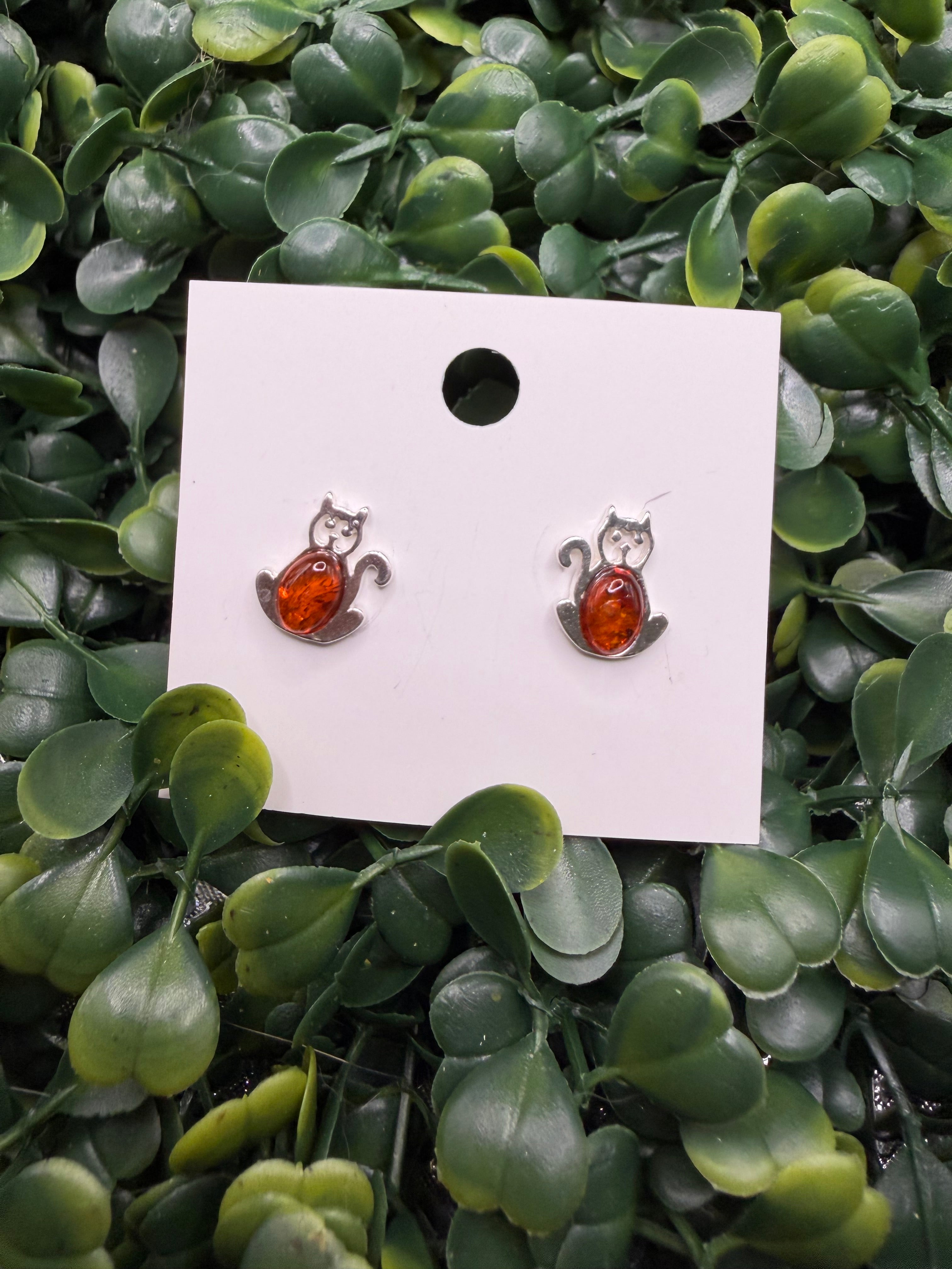 Sterling Silver and Natural Amber Cat Stud Earrings