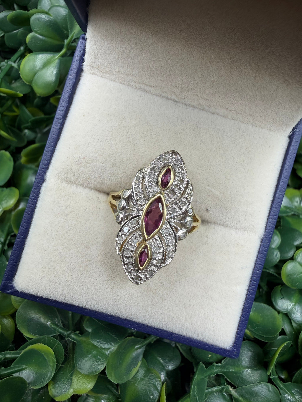 Vintage 14k Yellow and White Gold Diamond and Ruby Ring size 5.5