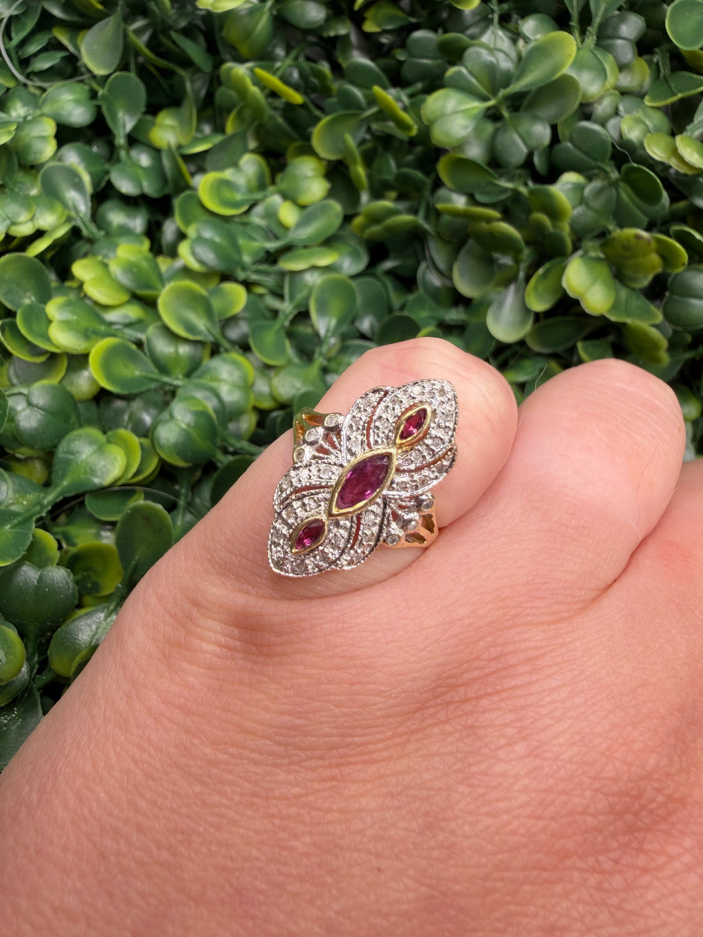 Vintage 14k Yellow and White Gold Diamond and Ruby Ring size 5.5
