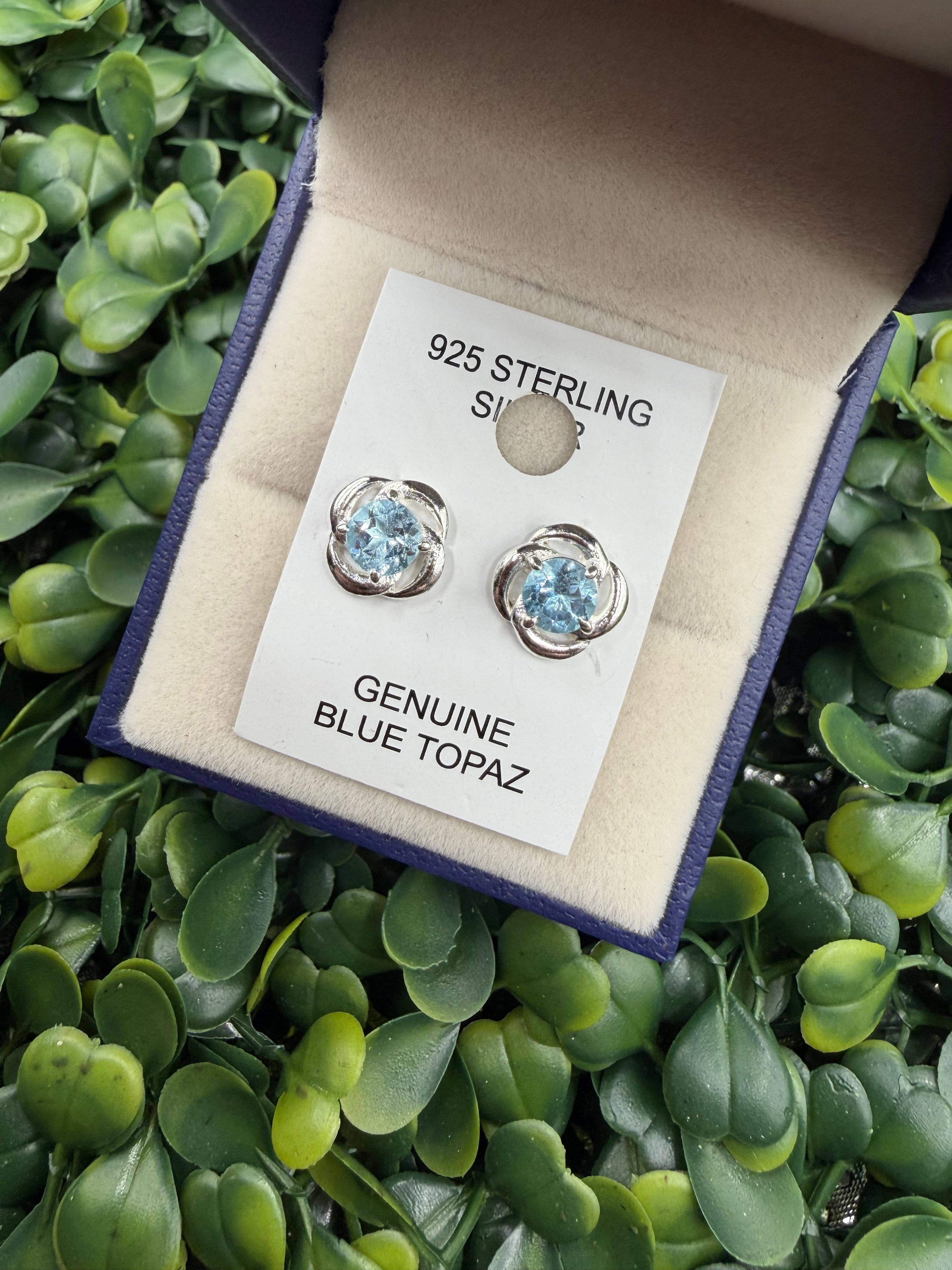 925 Sterling Silver and Blue Topaz Stud Floral Earrings