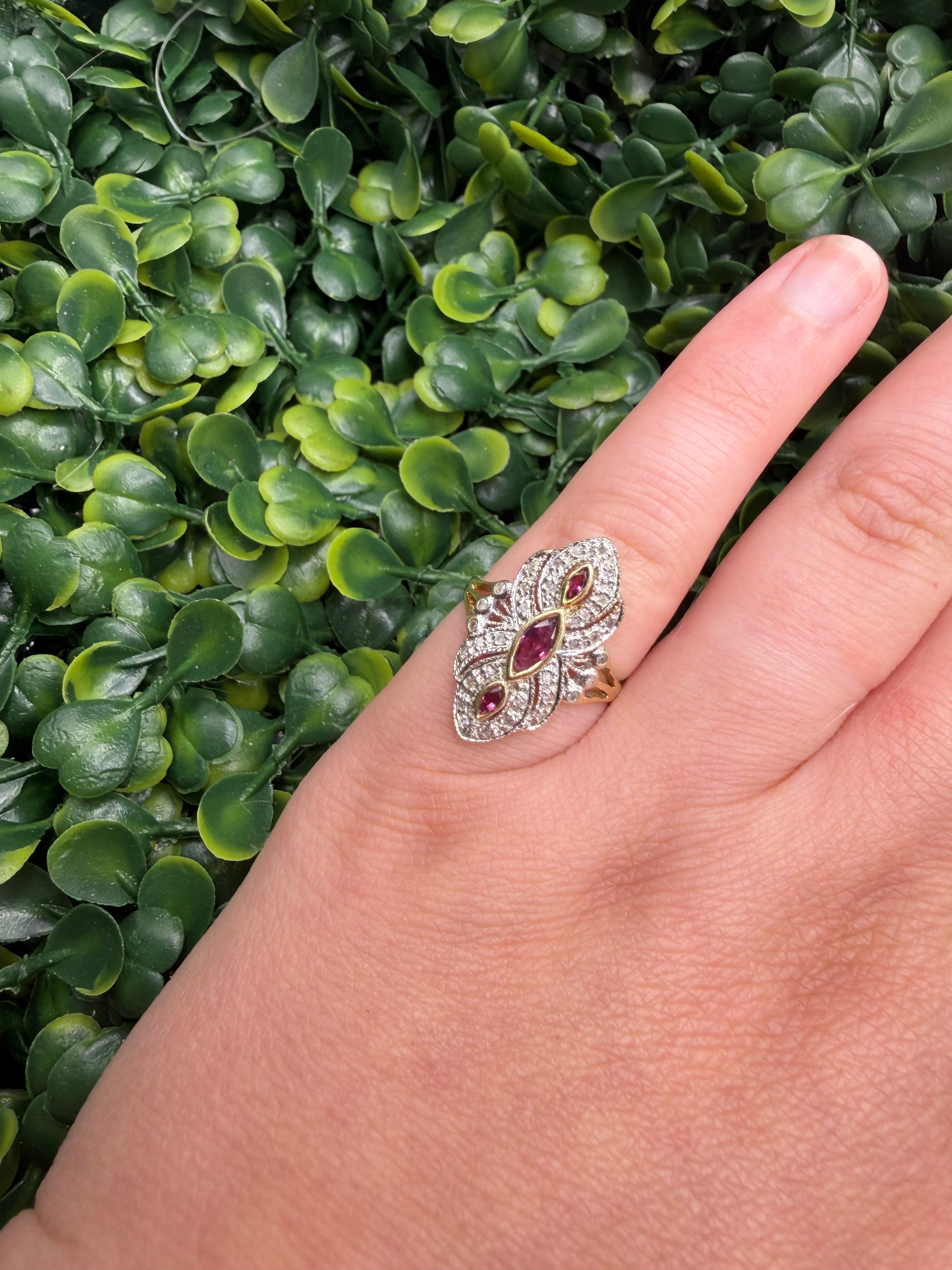 Vintage 14k Yellow and White Gold Diamond and Ruby Ring size 5.5