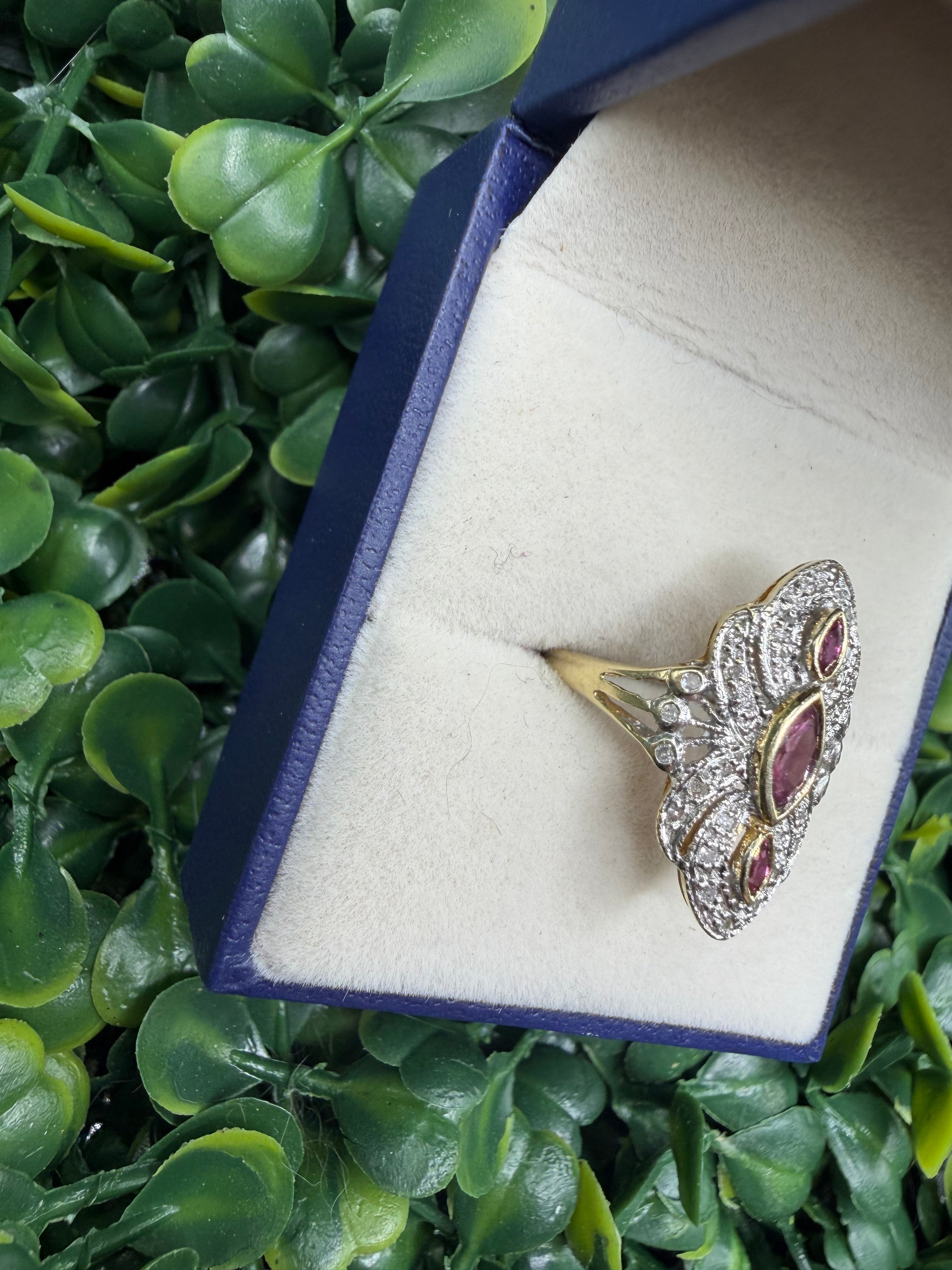 Vintage 14k Yellow and White Gold Diamond and Ruby Ring size 5.5